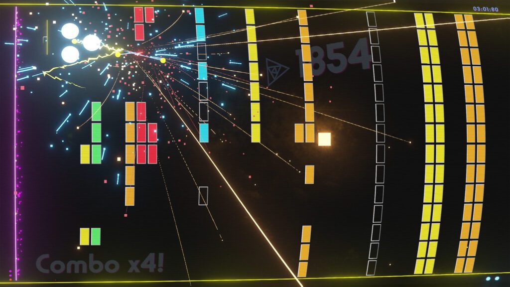 A screenshot of Breakout Beyond showing a top-down view of a game screen with a ball breaking blocks, creating a trail of light and particles, with score and combo information displayed.