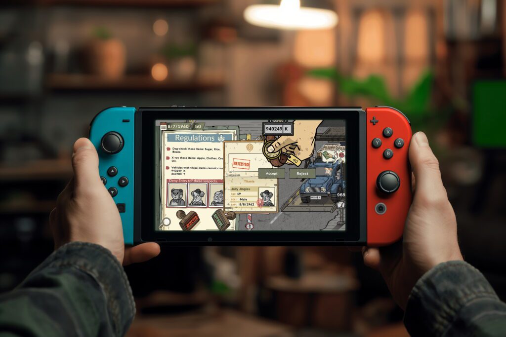 A person holding a Nintendo Switch with Black Border 2 on the screen, showing a game interface with a document and various options.