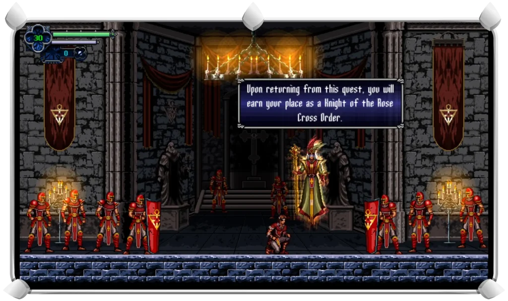 A pixel art scene from Chronicles of the Wolf showing a character standing before a group of armored figures in a throne room, with a dialogue box at the top of the image