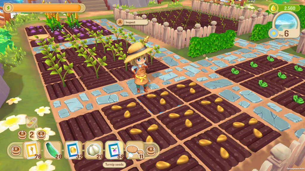 This screenshot captures a tranquil scene from Sugardew Island. The player character, with brown hair and a purple shirt, is crouching down to interact with a small orange cat on a sandy beach. Above the character is a speech bubble with a red heart, indicating a positive interaction. To the left, a red and gold ornate chair sits on the beach, and scattered blue crystals glint in the sunlight. The top of the image shows a cliff face with lush green trees and pinkish-red flowering bushes. The game's user interface is visible, displaying the player's currency (2.560), the current day (Day 6), and various action icons, including a watering can and a hoe labeled "Professional Hoe." The overall aesthetic is bright, colorful, and whimsical, emphasizing the cozy and relaxing atmosphere of Sugardew Island.