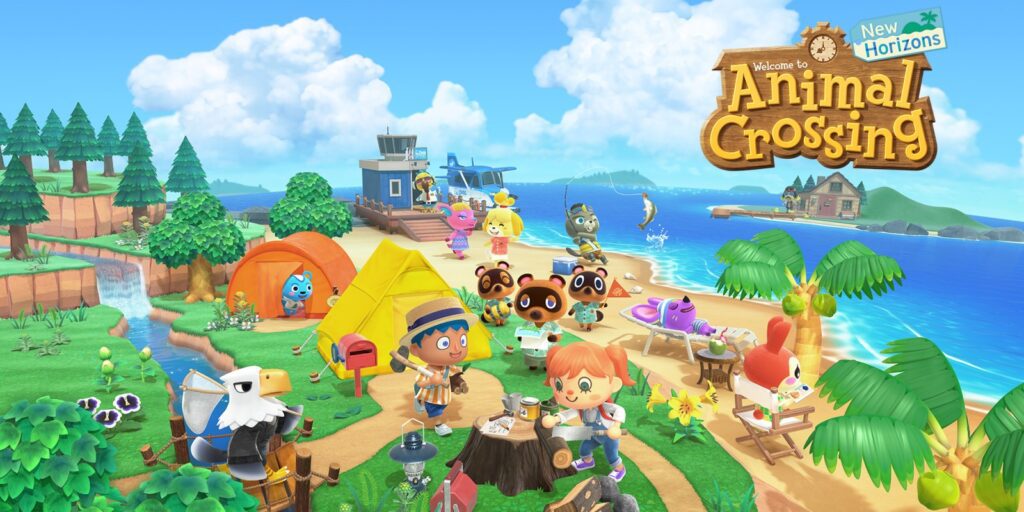 A vibrant island scene from Animal Crossing: New Horizons, featuring villagers, crafting, and outdoor activities on a sunny beach.