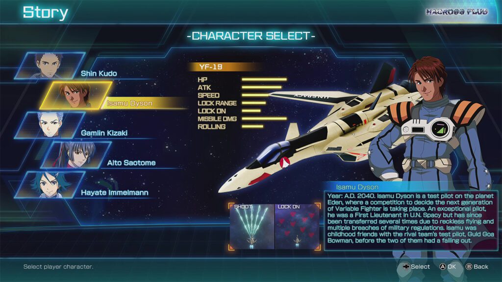 A screenshot of Macross Shooting Insight showing a character selection screen with five characters to choose from, each with their own stats and descriptions. In the center of the screen is a large image of a YF-19 Variable Fighter. On the right side of the screen is a character in a blue jumpsuit with orange highlights. At the bottom of the screen are options to select a player character or go back. The background is a dark blue with white lines.