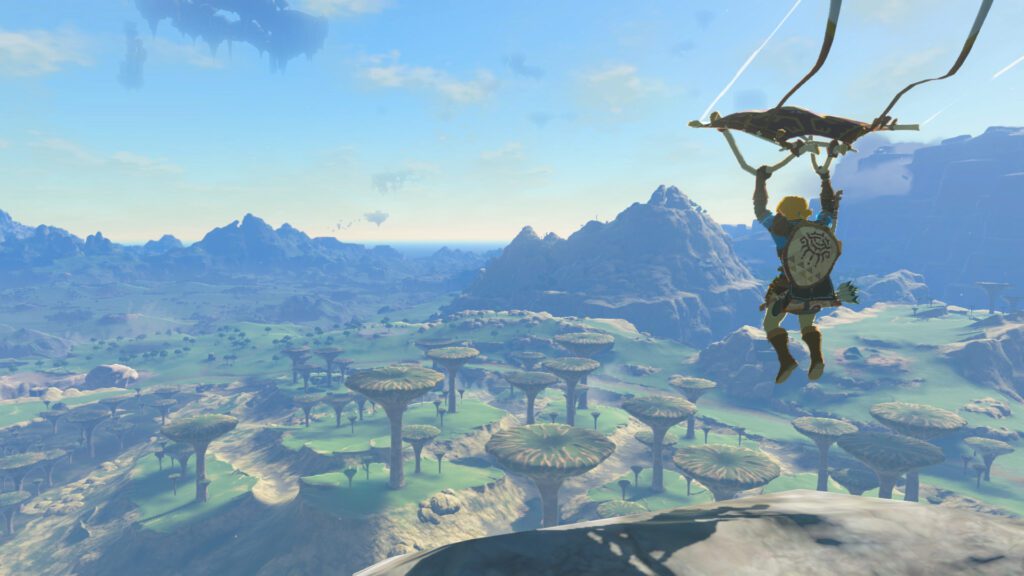 Link soaring through the skies of Hyrule in The Legend of Zelda: Tears of the Kingdom.