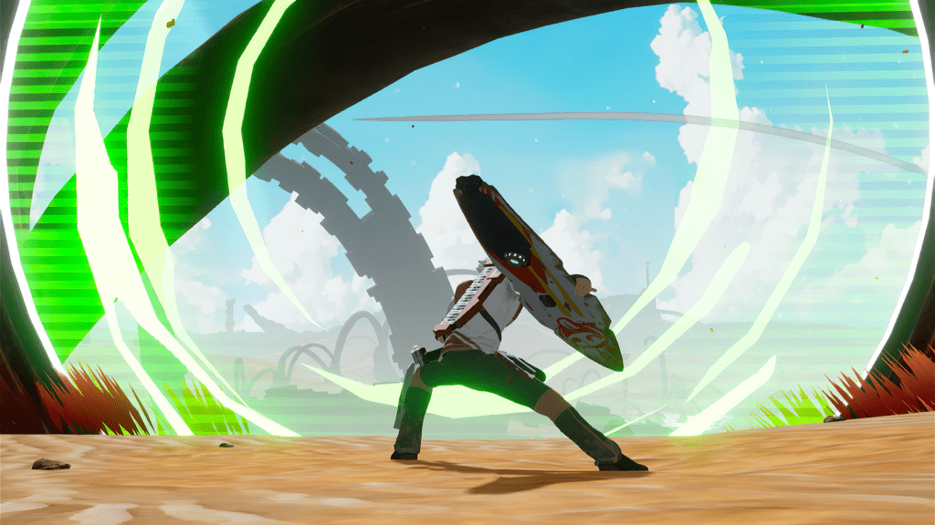A battle scene from Star Overdrive featuring a character using a defensive energy shield while charging a counterattack.