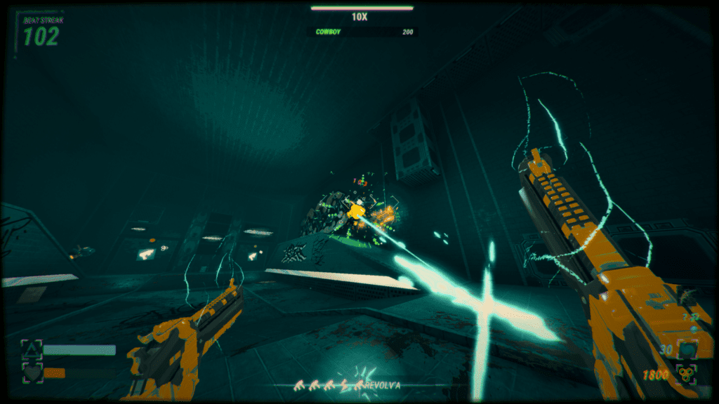 A player dual-wields futuristic weapons, firing electrified projectiles at robotic enemies in Robobeat.