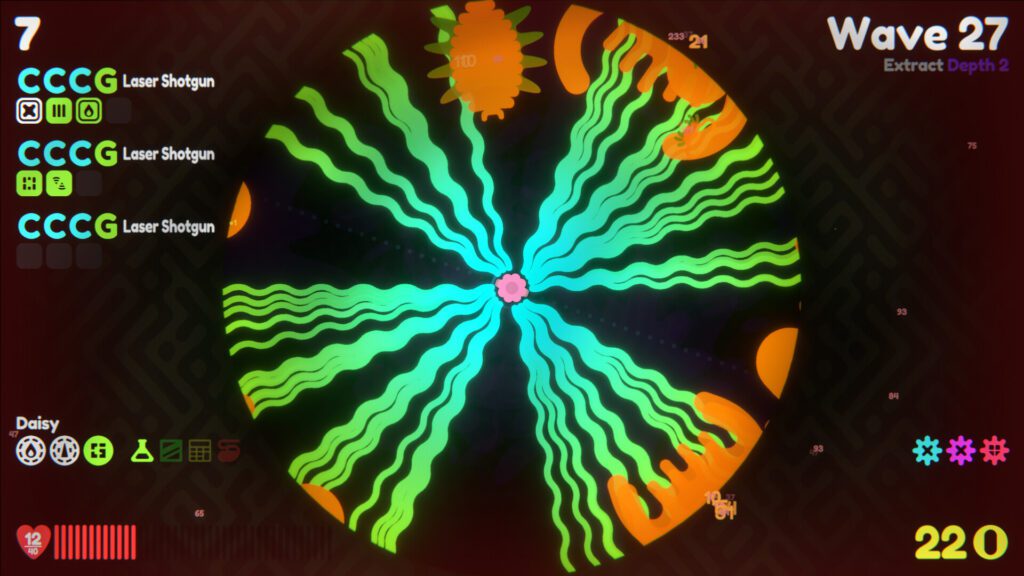 A screenshot of Genome Guardian showing a circular interface with lines and icons, displaying weapon options, enemy wave information, and health, with a central area showing a green and orange design.
