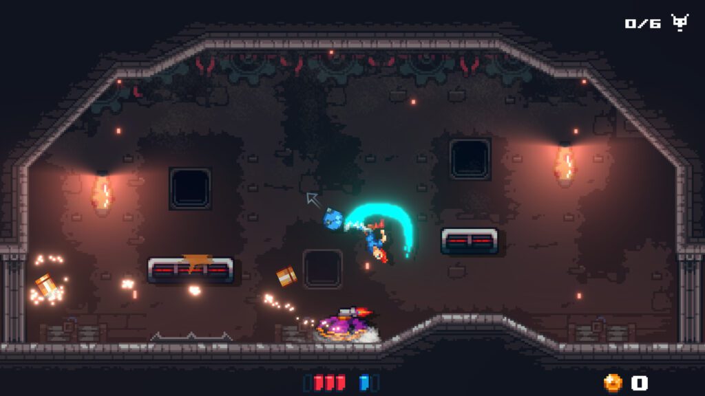 This screenshot from Footgun Underground features a character, equipped with a gun for a foot, positioned on a small pink platform in the lower left. The character is firing projectiles that leave behind bright yellow lines, forming a complex geometric pattern in the air. The target of the attack is a large, blue, robotic enemy with glowing orange eyes, positioned in the center of the image. The environment is dark and industrial, with visible walls, platforms, and pipes, and is lit by various glowing elements. At the top right of the screen, the game's user interface is visible, displaying "1/7". At the bottom of the screen, the player's health bar and ammo count are shown. The overall aesthetic is pixel art with a dark and gritty tone, emphasizing the action and strategic shooting mechanics of Footgun Underground. The bright yellow lines create a striking visual contrast against the dark background.