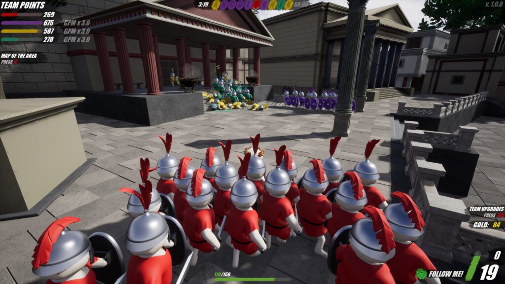 A screenshot of Shieldwall showing a group of Roman soldiers charging into battle against a group of barbarians, with a user interface displaying various game information.