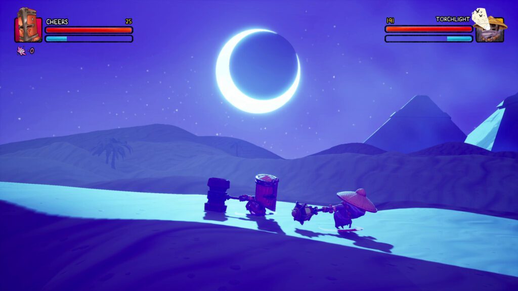 A screenshot from Big Helmet Heroes showing three characters with large helmets facing each other in a desert environment with a large crescent moon in the sky and health bars at the top.