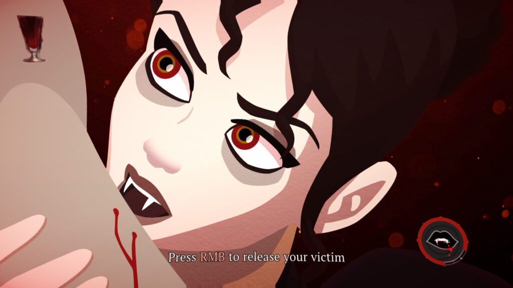 A close-up screenshot from Cabernet showing a character with pale skin, dark hair, and red eyes, with blood dripping from their mouth and chin, and a hand resting on their shoulder. The game interface includes a dialogue box with the text "Press RMB to release your victim." and a small icon in the bottom right corner. A glass of red liquid is visible in the top left corner. The background is a dark, reddish color.