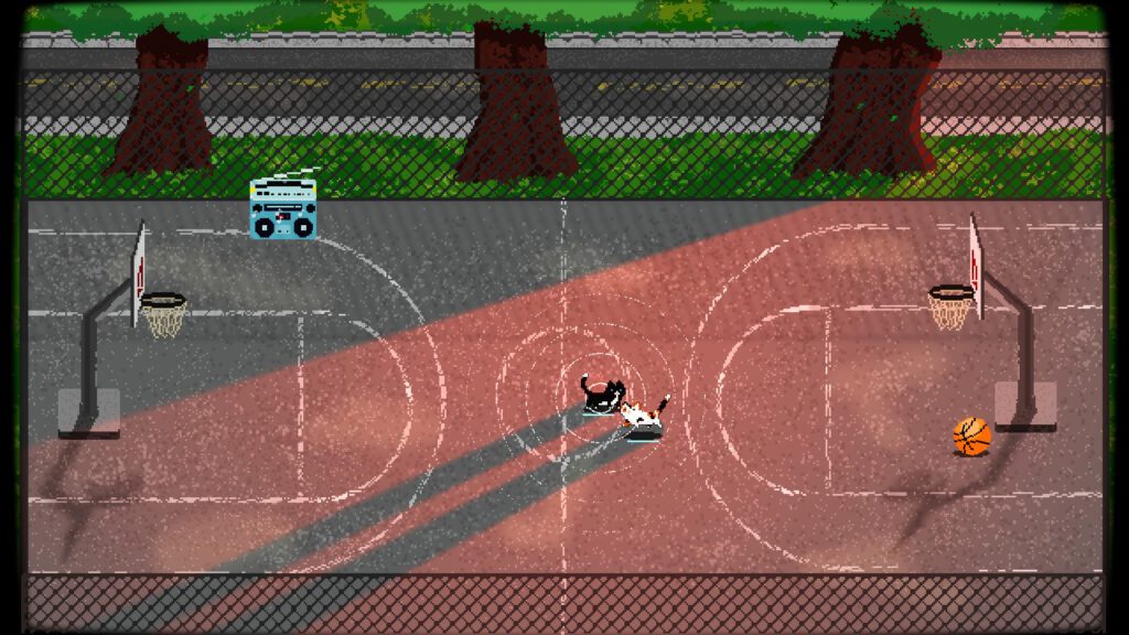 A top-down view screenshot from TactiCats showing two cat characters facing each other on a basketball court with a boombox in the background, set against a backdrop of a fence and trees.