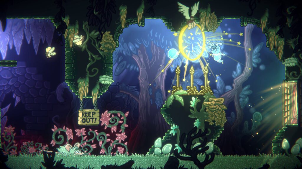A screenshot of Bubble Ghost Remake showing a ghost blowing a bubble through a whimsical, enchanted forest with a sign that reads "KEEP OUT!".