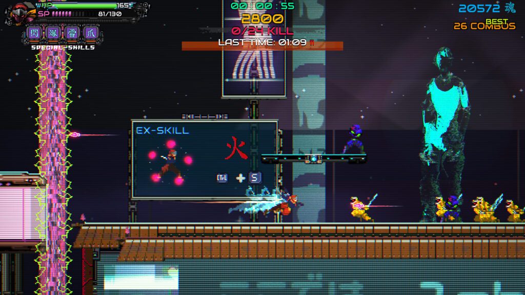 A screenshot from Ninja Issen showing a character in a green suit and red scarf sliding under an enemy attack, with a large health bar at the top of the screen and other interface elements.
