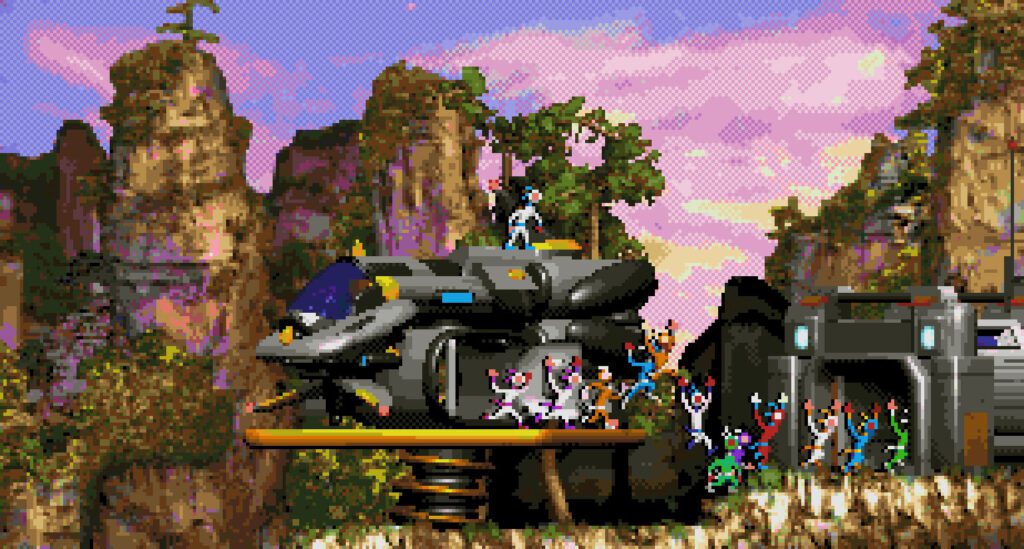 A pixel art scene from Moons of Darsalon showing a large spaceship on a platform with a group of small figures waving to a figure standing on top of the ship, set against a backdrop of cliffs and a sunset sky.