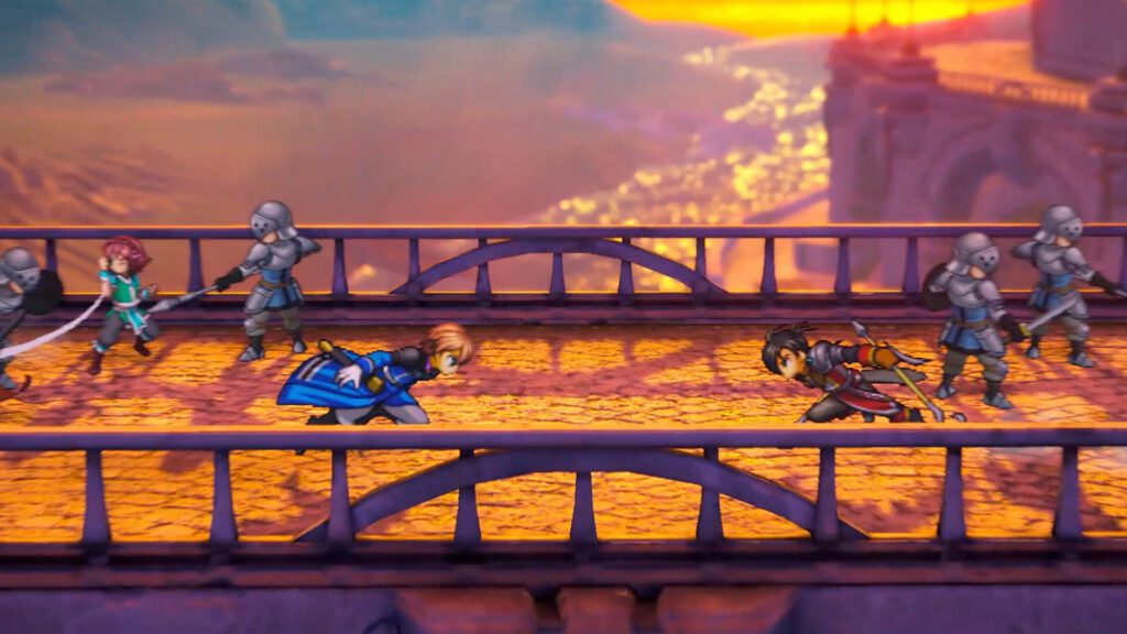 A screenshot from Eiyuden Chronicle: Hundred Heroes showing a group of characters in a combat stance on a bridge with a large city and sunset in the background.